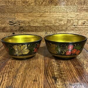 Vintage Russian Khokhloma Hand Painted Linden Wood Folk Art Bowl Set of 2 Marked
